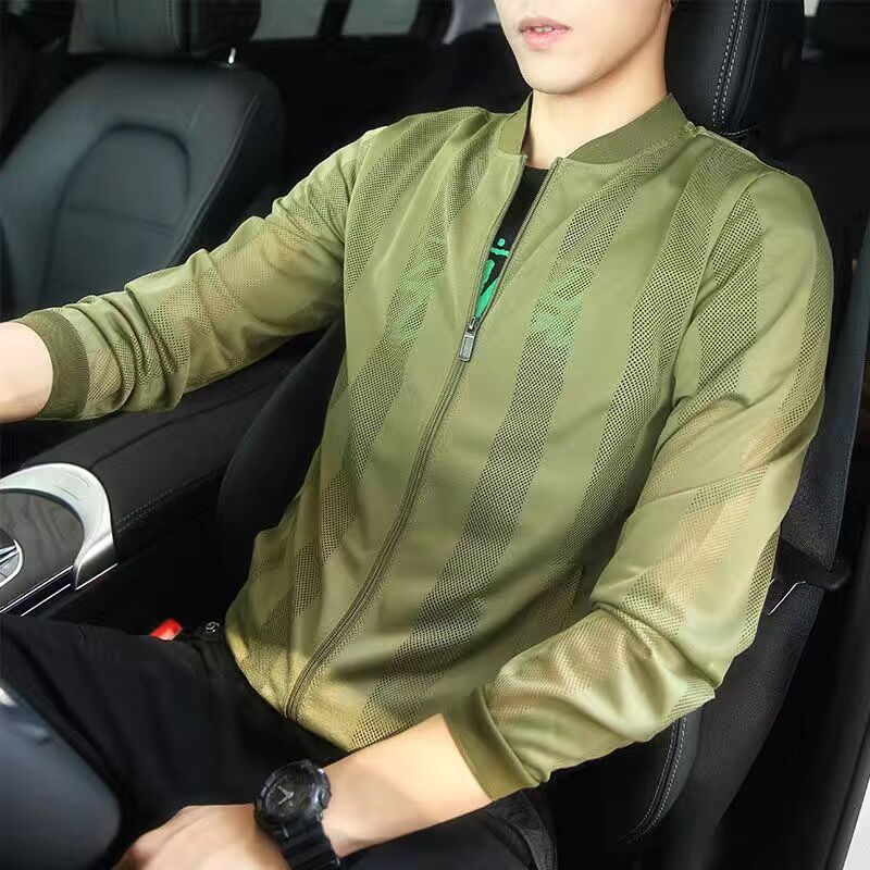 maoxiangshop Pierced Transparent Bomber Jacket Men Sun Protection Clothing Windbreaker Summer Thin Men Plaid Jackets Slim Fit Mens Coats