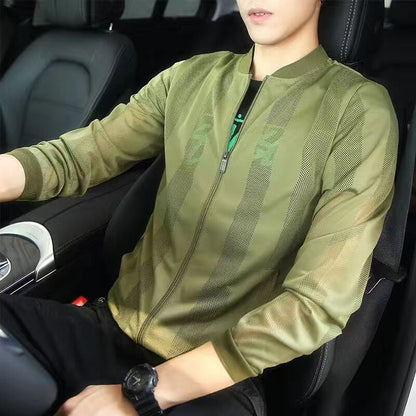 maoxiangshop Pierced Transparent Bomber Jacket Men Sun Protection Clothing Windbreaker Summer Thin Men Plaid Jackets Slim Fit Mens Coats