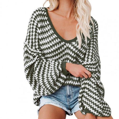 Women's Sweater Loose Striped Knitted Thick Knit Wide Neck Sweater Long Sleeve Loose Off Shoulder Jumper for Autumn Winter