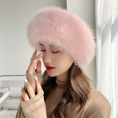 maoxiangshop Fur Hat Women Warm Snow Ski Cap Female Faux Fox Fur Bomber Hat Lady Windproof Winter Hats for Women Russian Hat Ushanka