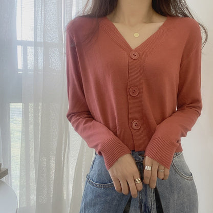 ladies button V-neck pullover sweater women's fall winter outer solid color cardigan long-sleeved short knitted tops