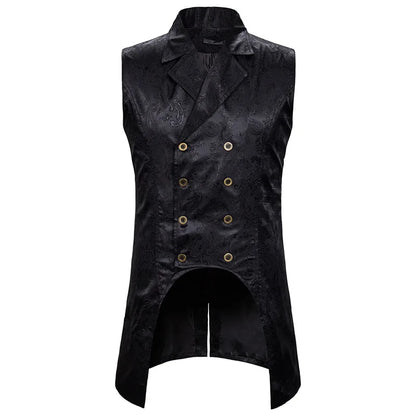 maoxiangshop Wine Red Paisley Jacquard Long Vest Men Double Breasted Lapel Brocade Vest Waistcoat Mens Gothic Steampunk Sleeveless Tailcoat