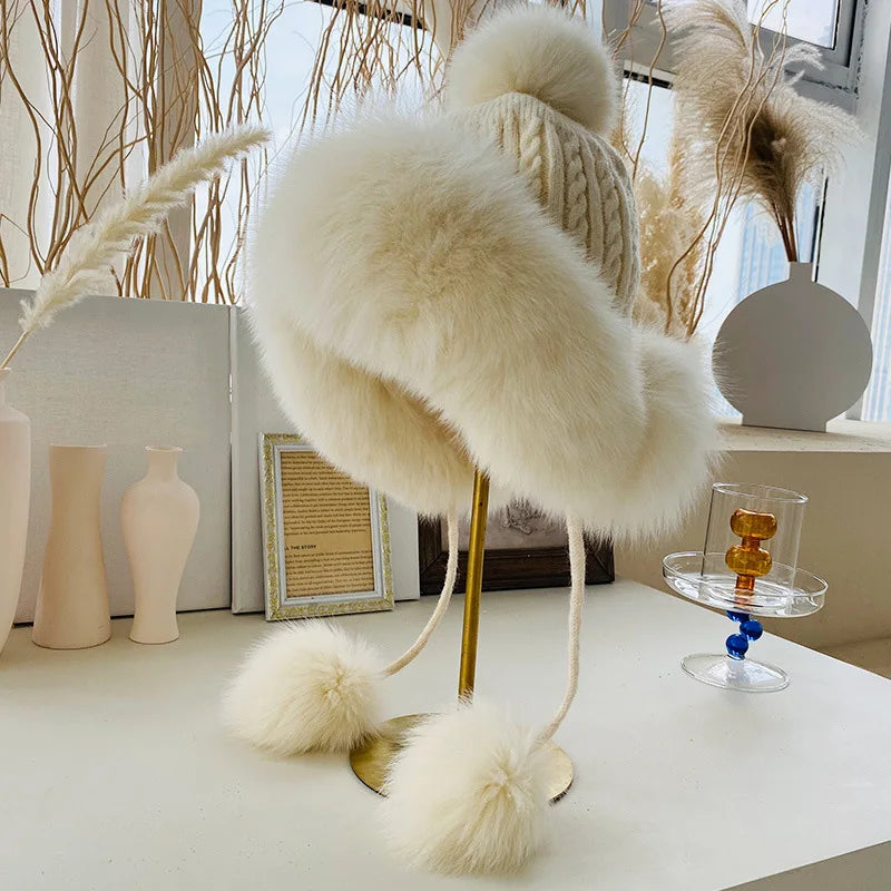 maoxiangshop  -  Winter Rabbit Fur Bomber Hat Knitted Warm Fleece Beanie Hat Outdoor Coldproof Pom Pom Bonnet Thicken Windproof Caps With Earmuff