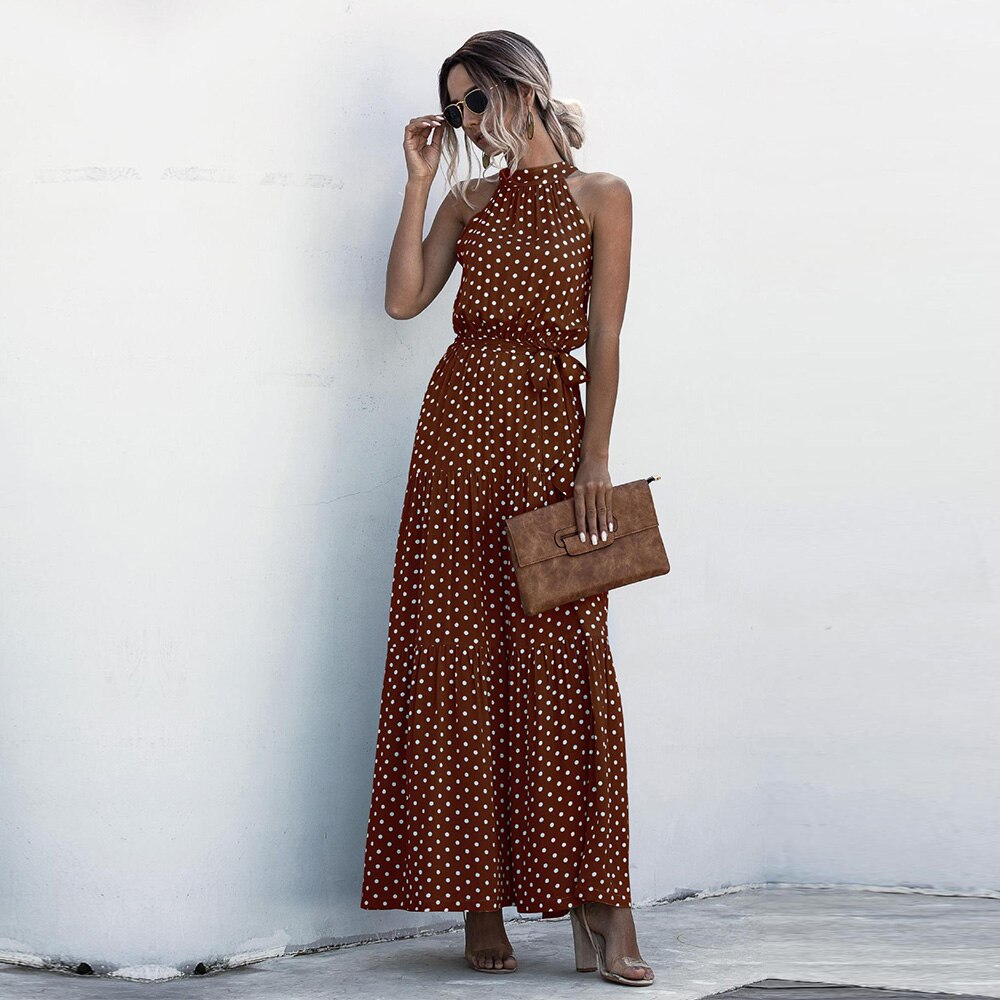 Summer Long Floral Halter Dress Women New Casual Slim Leopard Bandage Ladies Dot Print Beach Style Maxi Dresses