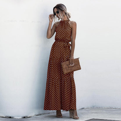 Summer Long Floral Halter Dress Women New Casual Slim Leopard Bandage Ladies Dot Print Beach Style Maxi Dresses