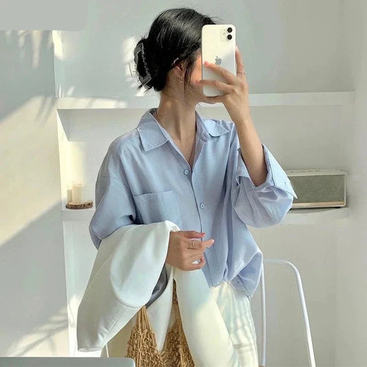 maoxiangshop Shirts Women Office Lady Formal All-match Tunic Tops Harajuku Solid Simple Clothing Trendy Korean Daily Breathable College Sweet