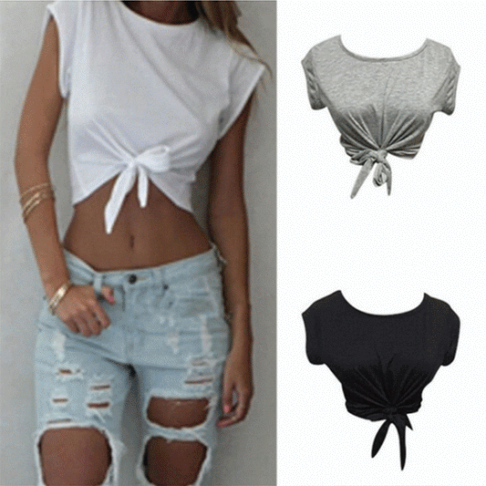 maoxiangshopSummer Knotted Tie Front Crop Tops Women Cropped T Shirt Casual Tanks Camis Casual O Neck Short Sleeve Solid Tees