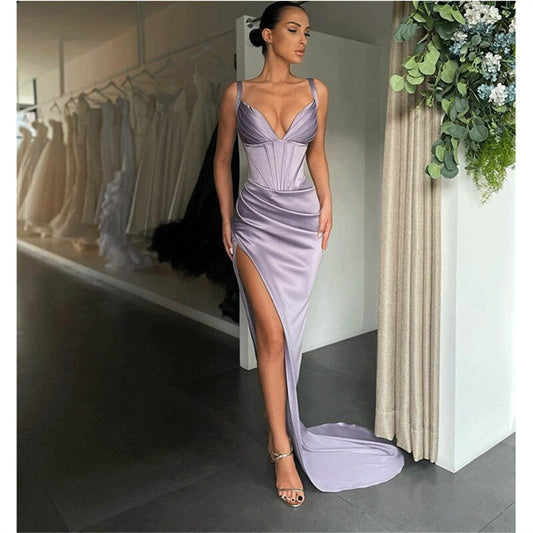 Sexy Mermaid Evening Dresses High Split Side V Neck Exposed Boning Formal Long Prom Gowns Zip Back Vestidos De Fiesta Hot