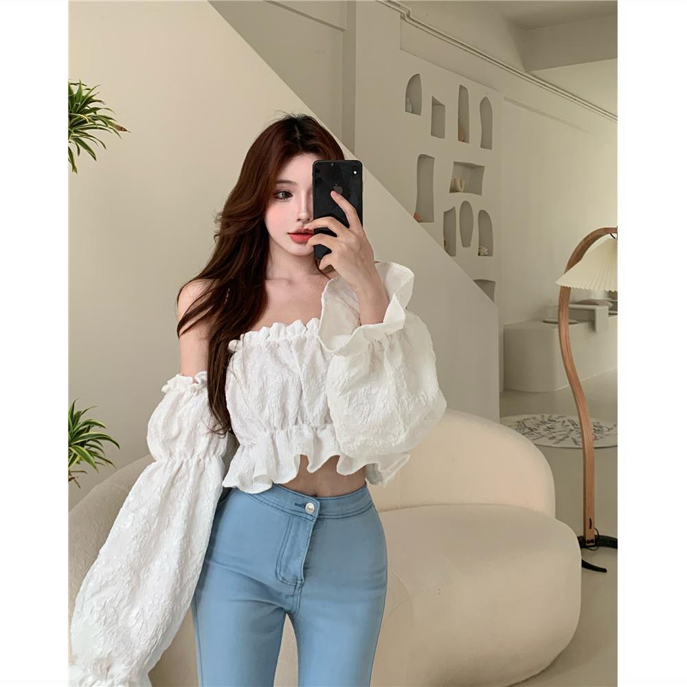 maoxiangshop Floral Fashion Women Blouse Sexy Low Cut Blouse Tall Tops High Quality Jacquard Beautiful Tee Shirt Long sleeve Youth Clothing