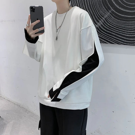 maoxiangshop Autumn Winter Long Sleeve Men T Shirts Clothes Black White Patchwork Fake Two Cool Fashion Tops Oversized Korean Style Side Slit
