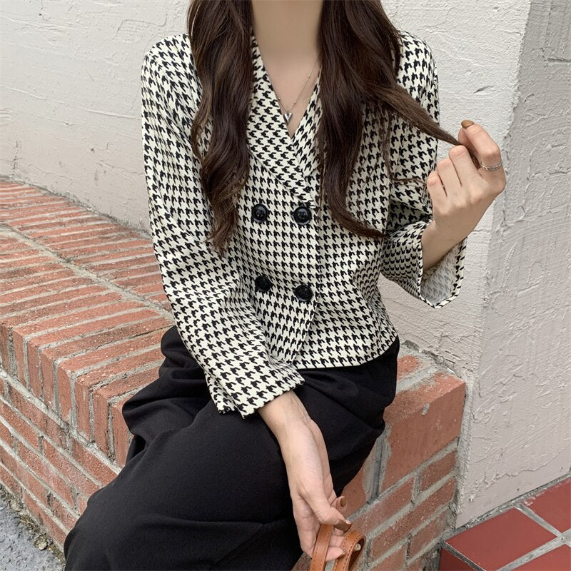 Y2K Elegant Autumn Winter Plaid Women Blazer Coat Causal Long Sleeve Tweed Coat Short Office Ladies Pocket Women Suit Blazer