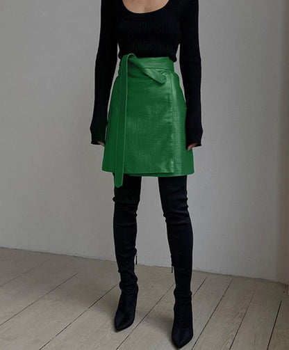 maoxiangshop Faux Leather Crocodile Pattern A-Line Skirt Women Fashion Elegant Solid Green High Waist Split Mini Skirts Autumn