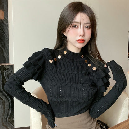 maoxiangshop Full Sleeve Turtleneck Buttons Sweater Jumpers Girls Stretchy Chic Ruffles Autumn Spring Sweaters Pullovers Tops Women