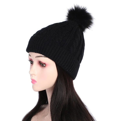 maoxiangshop New Women Personality Wild Female Fur Pom Poms Hats Beanie High Quality Winter Warm Bonnet Outdoor Riding Windproof Knit Cap