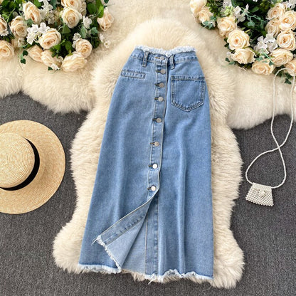 maoxiangshop Long Denim Skirt for Women maoxiangshop Korean Fashion Vintage Tassels High Waist Single Breasted A-line Jeans Skirt with Pockets