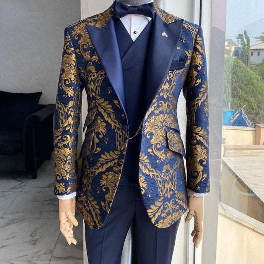 maoxiangshop Floral Jacquard Tuxedo Suits for Men Wedding Slim Fit Navy Blue and Gold Gentleman Jacket with Vest Pant 3 Piece Male Costume