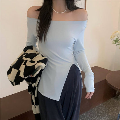maoxiangshop New Women's Slim Off-shoulder Full Sleeve T-shirts Girls Solid Stretchy Irregular Split Tshirt Tops Slash Neck Tees