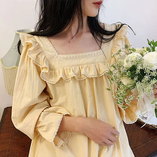 maoxiangshop Women's Lolita Dress Cream-colored Square Neck Princess Sleepshirts Vintage Ladies Nightgowns Nightdress Cute Lounge Sleepwear