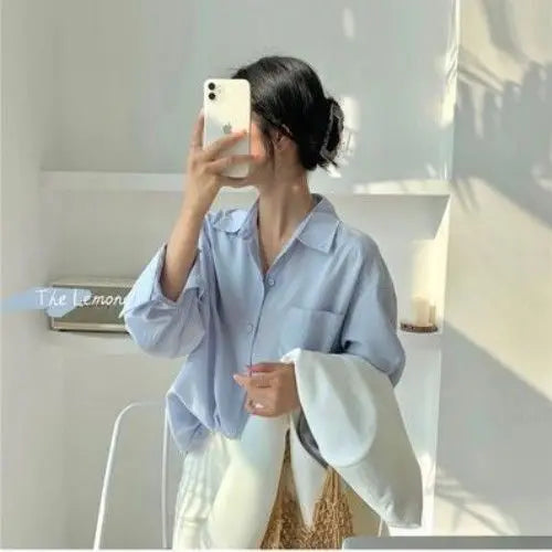 maoxiangshop Shirts Women Office Lady Formal All-match Tunic Tops Harajuku Solid Simple Clothing Trendy Korean Daily Breathable College Sweet