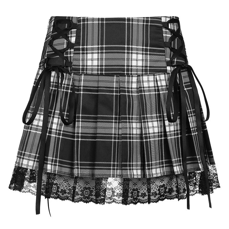 maoxiangshop High Waist Lace Plaid Pleated Gothic Mini Skirt Sexy Mall Goth Skirt Gothic Punk Emo Club Wear Women Harajuku Y2k Dark Skirt