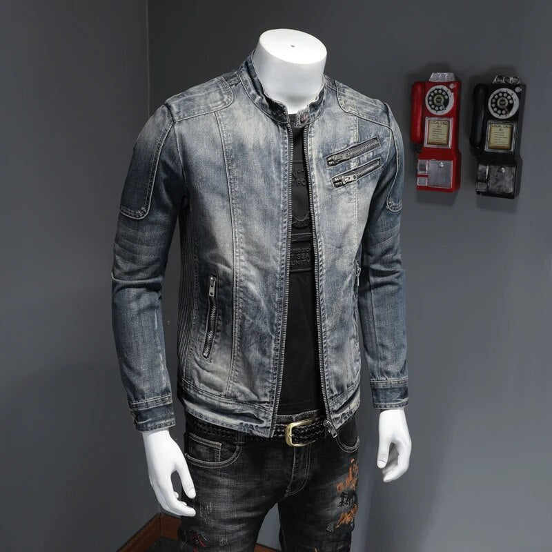 maoxiangshop New Denim Jacket Men Motocycle Denim Coats Streetwear Fashion Slim Fit Cowboy Outerwear Moto Biker Mens Denim Jacket Casual Coat