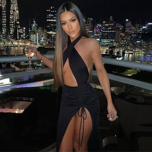 maoxiangshop Halter Drawstring Sexy Bodycon Bandage Dress Women Summer Dress Split Hollow Out Backless Long Maxi Dresses