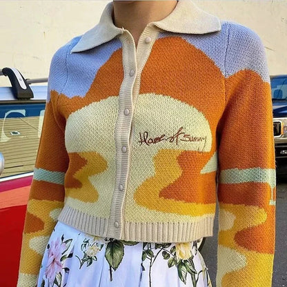 maoxiangshop  -  Letter Embroidery Harajuku Knitted Single Breasted Cropped Cardigan Women Autumn Long Sleeve Turn Down Collar Sweater Coat