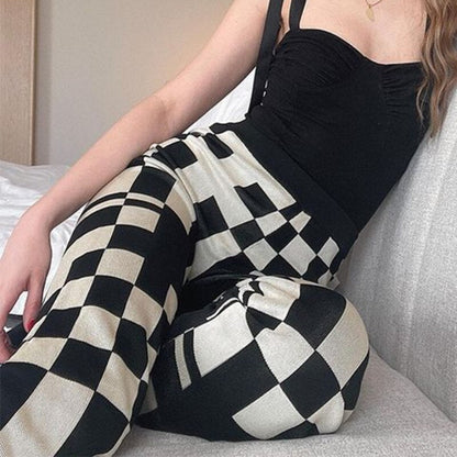 Knit Plaid Pants Vintage Summer White And Black Streetwear High Waist Wide Leg Women Fashion Casual Long Trousers