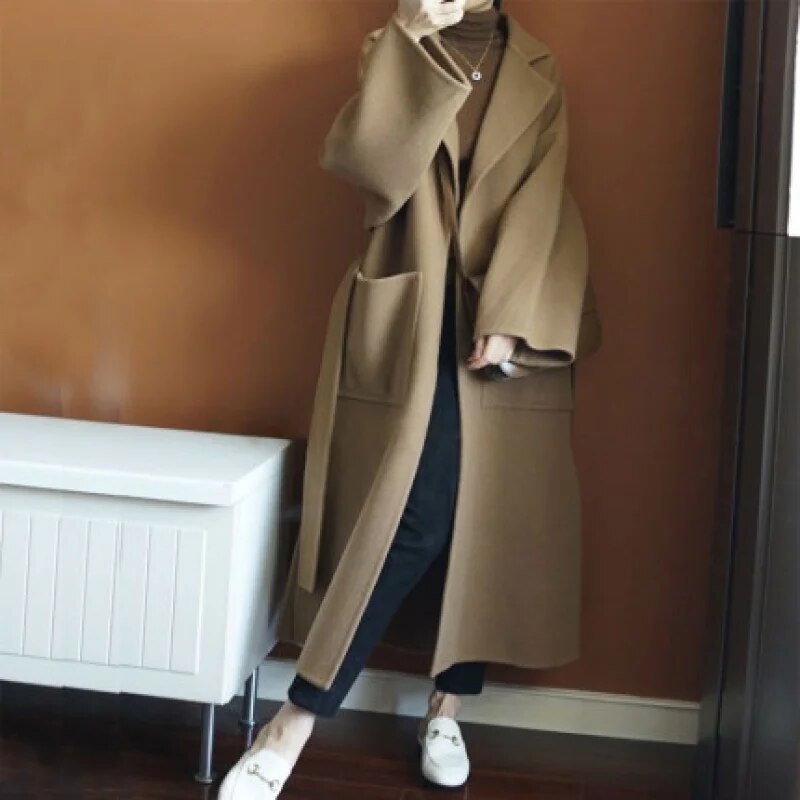 maoxiangshop Wool Coat Female Office Lady Side Cut Turn-down Collar Outwear Long Black Camel Women's Jacket Overcoat with Belt