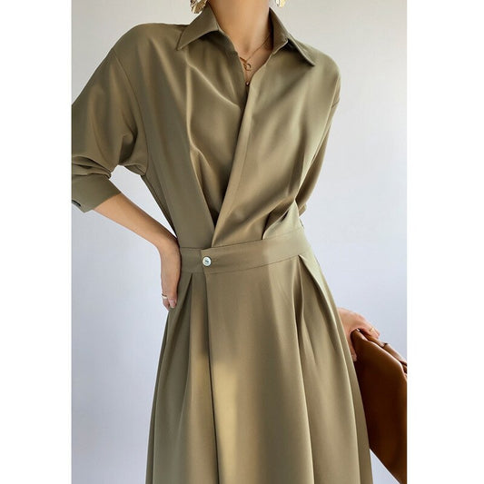 Women's French Long Sleeve A-line Fashion Lapel New Style Slim Dress Chic Elegant Commuter High Fashion Women's Commuter Daily