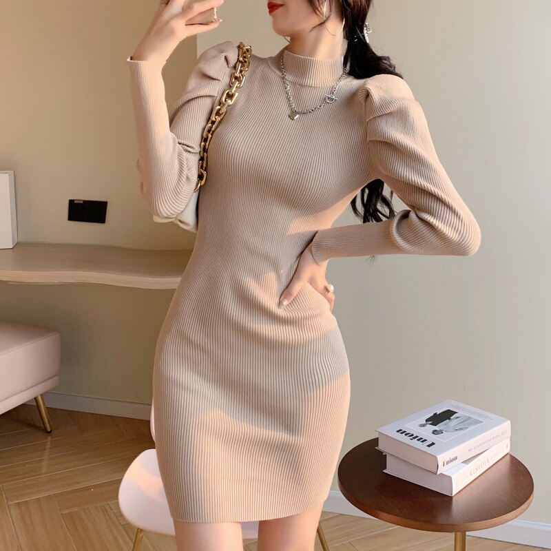 maoxiangshop Women Knitting Full Puff Sleeve Base Sweaters Dresses Girls Slim Turtleneck Mini Sheath Knitwear Dress Real Photos