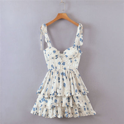 maoxiangshop New Summer Sexy Tube Top Waist Lace-Up Stitching Stacked Ruffles Fashion Floral Print Short Mini Strap Dress