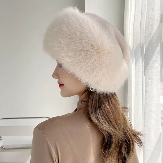 maoxiangshop Fur Hat Women Warm Snow Ski Cap Female Faux Fox Fur Bomber Hat Lady Windproof Winter Hats for Women Russian Hat Ushanka