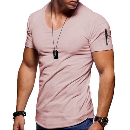maoxiangshop New Summer Men's V Neck T Shirt Fitness Bodybuilding Tshirt High Street Short Sleeved Zipper Casual Cotton Top Plus Size S-5XL