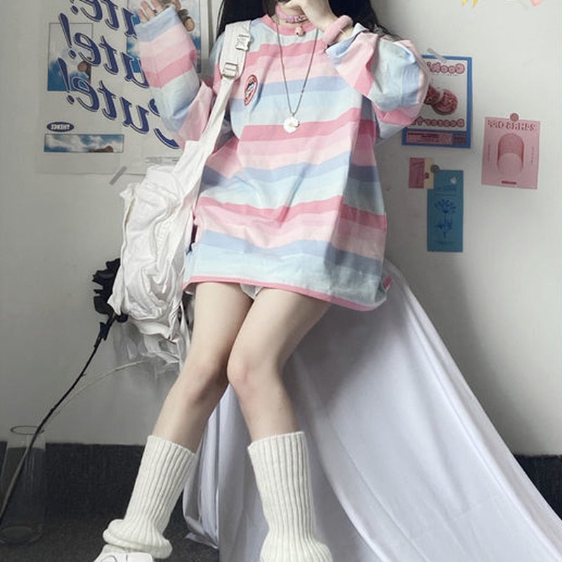 maoxiangshop Striped T-shirts Women Rainbow Japanese Style Kawaii Pink Loose Leisure BF Harajuku College Students Female Top Lady Comfortable