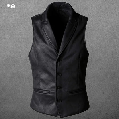 maoxiangshop Vest Men Casual Waistcoat Man Faux leather fashion leather Slim vest lapel classical Vintage gilet European style male