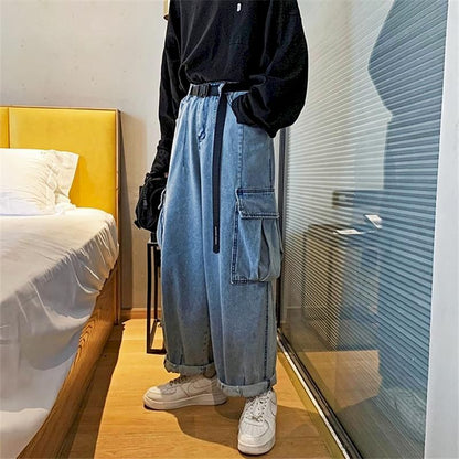 maoxiangshop Wide-leg Jeans Men's Autumn Daddy Trend Student Loose Straight-leg Pants Japanese Retro Big Pocket Loose Wild Fashion New W
