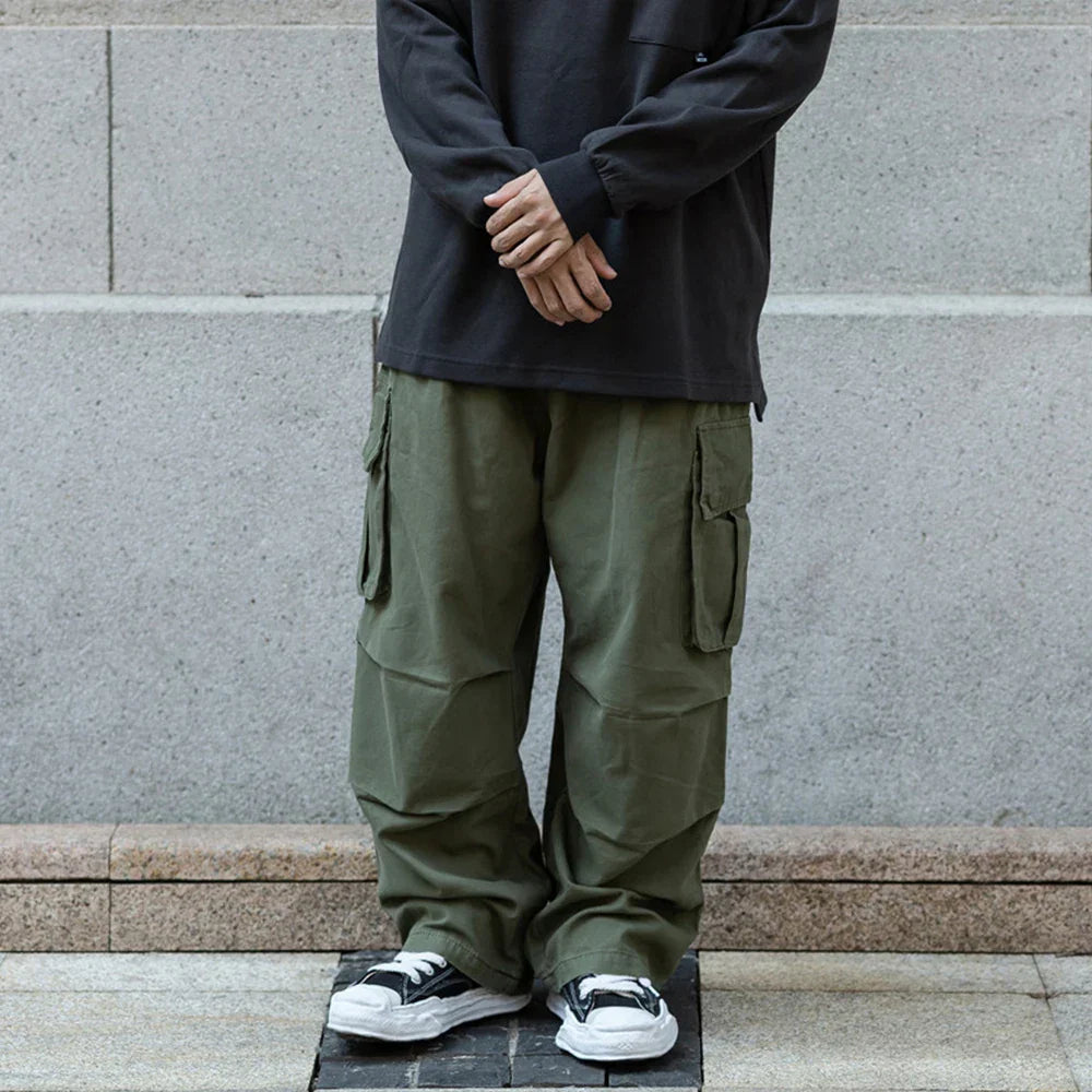 maoxiangshop Multi-Pocket Cargo Pants Mens Safari Style Solid Color Pleated Loose Straight-leg Pants Elastic Waist Casual Trousers Men