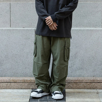 maoxiangshop Multi-Pocket Cargo Pants Mens Safari Style Solid Color Pleated Loose Straight-leg Pants Elastic Waist Casual Trousers Men