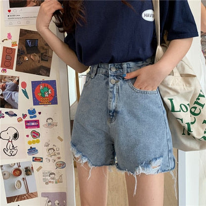 maoxiangshop Denim Shorts Women Pockets Teens Streetwear Korean Vintage High Waisted Ins Ladies Trouser Summer Chic Stylish All-match Simple