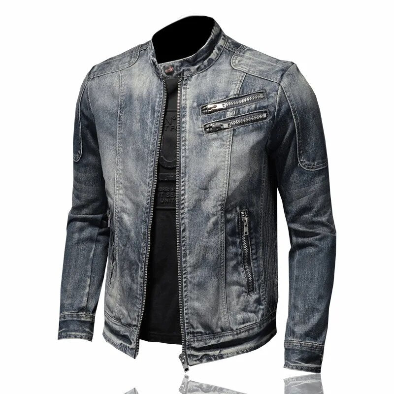 maoxiangshop New Denim Jacket Men Motocycle Denim Coats Streetwear Fashion Slim Fit Cowboy Outerwear Moto Biker Mens Denim Jacket Casual Coat