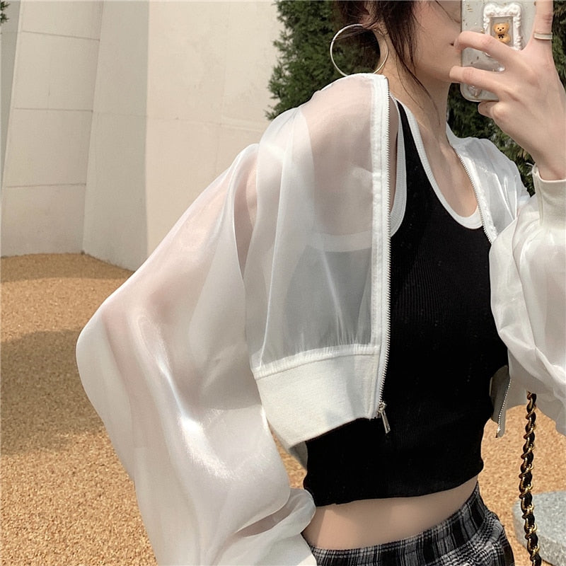 maoxiangshop Jackets Women Cropped Thin Summer Zipper Pure Color Cool Simple Outwear Sun Protection Outdoor Fashion Ladies Leisure Popular