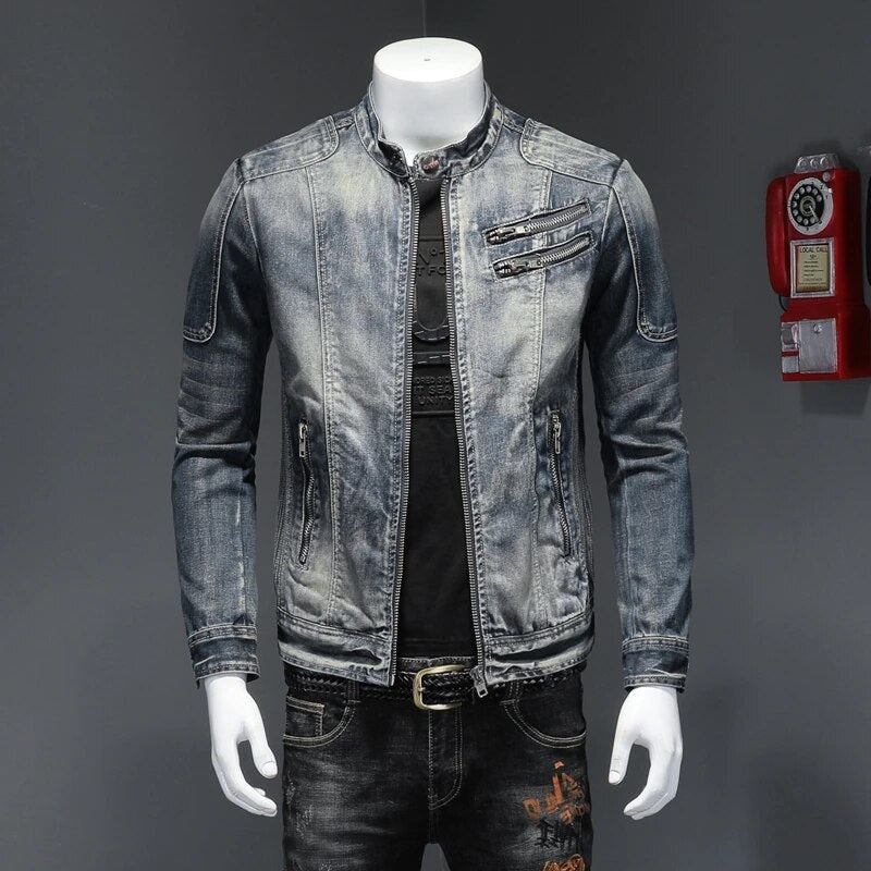 maoxiangshop New Denim Jacket Men Motocycle Denim Coats Streetwear Fashion Slim Fit Cowboy Outerwear Moto Biker Mens Denim Jacket Casual Coat