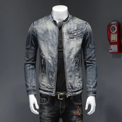 maoxiangshop New Denim Jacket Men Motocycle Denim Coats Streetwear Fashion Slim Fit Cowboy Outerwear Moto Biker Mens Denim Jacket Casual Coat