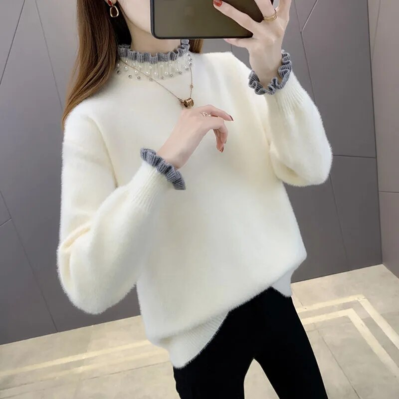 maoxiangshop Autumn Winter Thick Sweater Women Knitted Ribbed Pullover Sweater Long Sleeve Fasion Slim Jumper Soft Warm Pull Femme