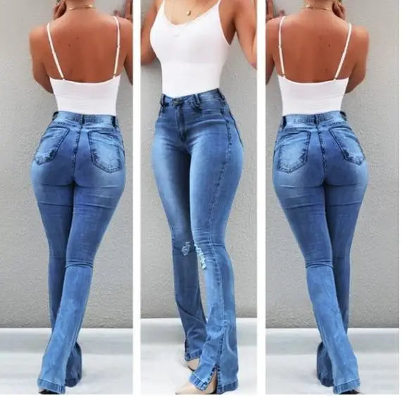 Spring Outfits High Waist Retro Flared Jeans For Women Slim Hip Lift Stretch Ripped Denim Wide Leg Pants Street Trendy Trousers S-2XL 2022 New