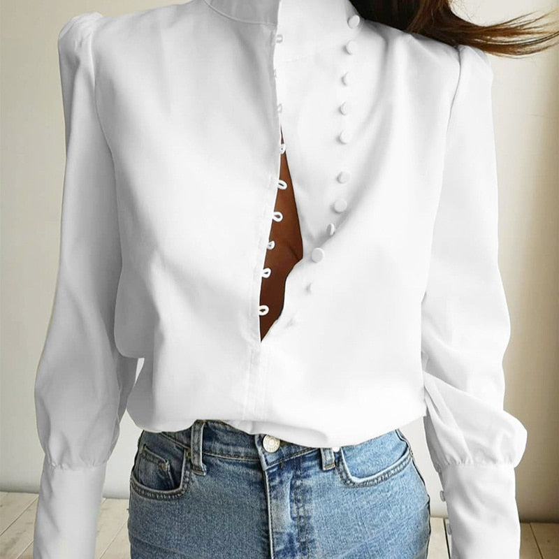 maoxiangshop Elegant Turtleneck Blouse Long Sleeve White Shirt Office Ladies Top Casual Solid Single-Breasted Puff Sleeve Womens Blouses