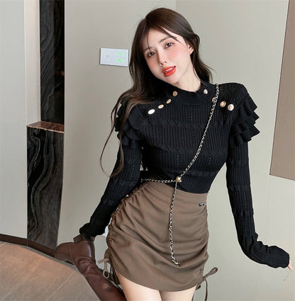 maoxiangshop Full Sleeve Turtleneck Buttons Sweater Jumpers Girls Stretchy Chic Ruffles Autumn Spring Sweaters Pullovers Tops Women