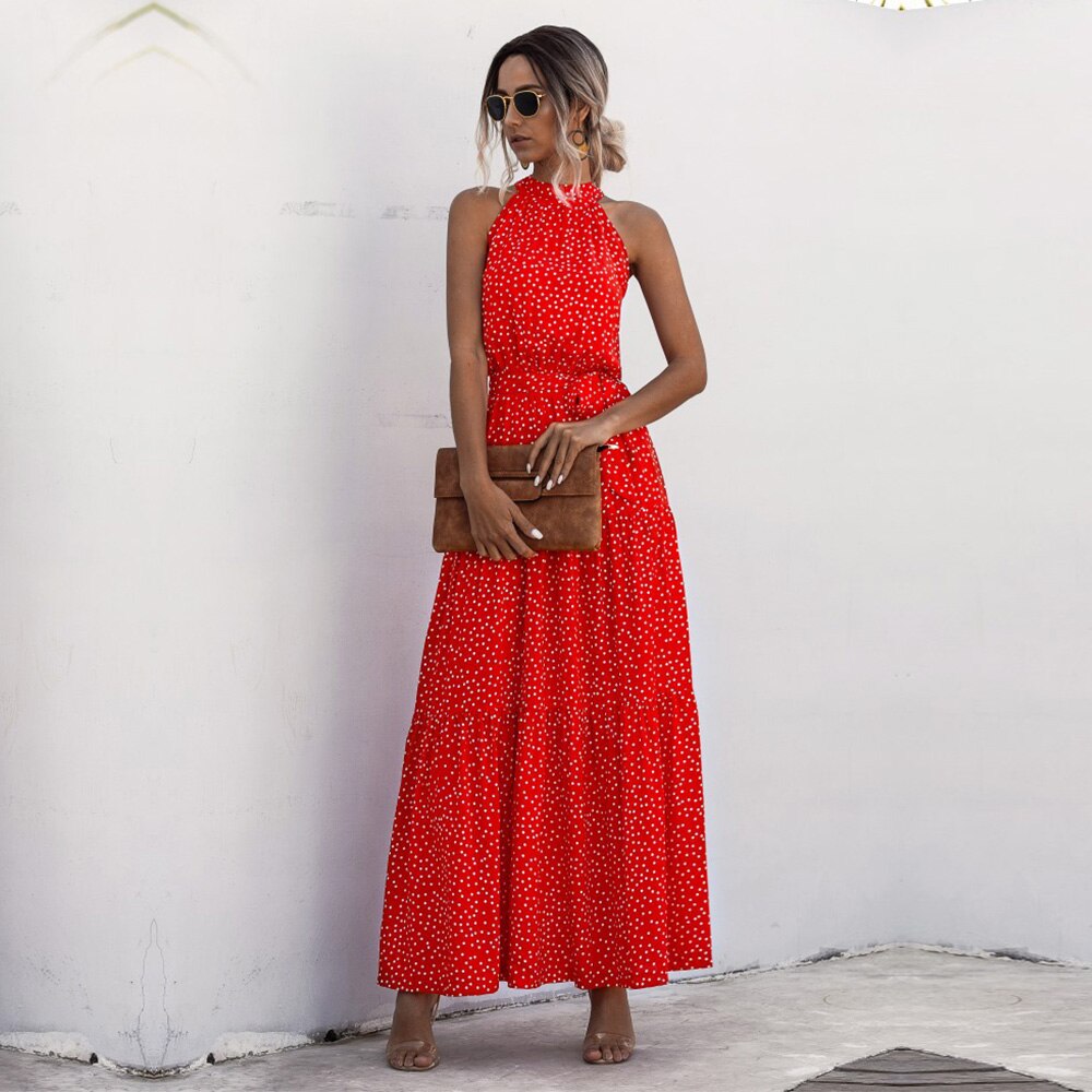 Summer Long Floral Halter Dress Women New Casual Slim Leopard Bandage Ladies Dot Print Beach Style Maxi Dresses