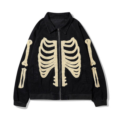 maoxiangshop Street Hip Hop Denim Jacket For Men Autumn Bone Embroidery Long Sleeve Zipper Loose Baseball Jackets Men's Denim Jackets